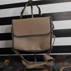 Eleganci Beige Faux Leather Crossbody Bag With Silver Studded Accents & Floral L